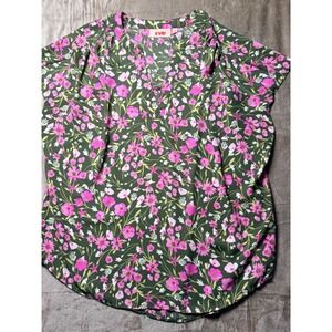 EVRI Womens 1X Blouse Olive Green Pink Floral Top Cottagecore Feminine Summer